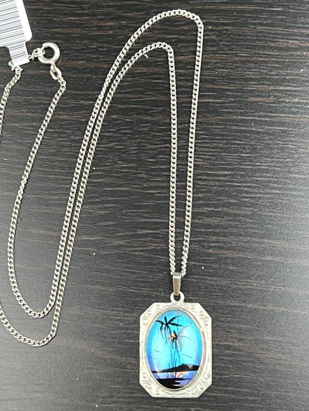 Antique Morpho Wing Tropical/Nautical Scene Pendant Chain